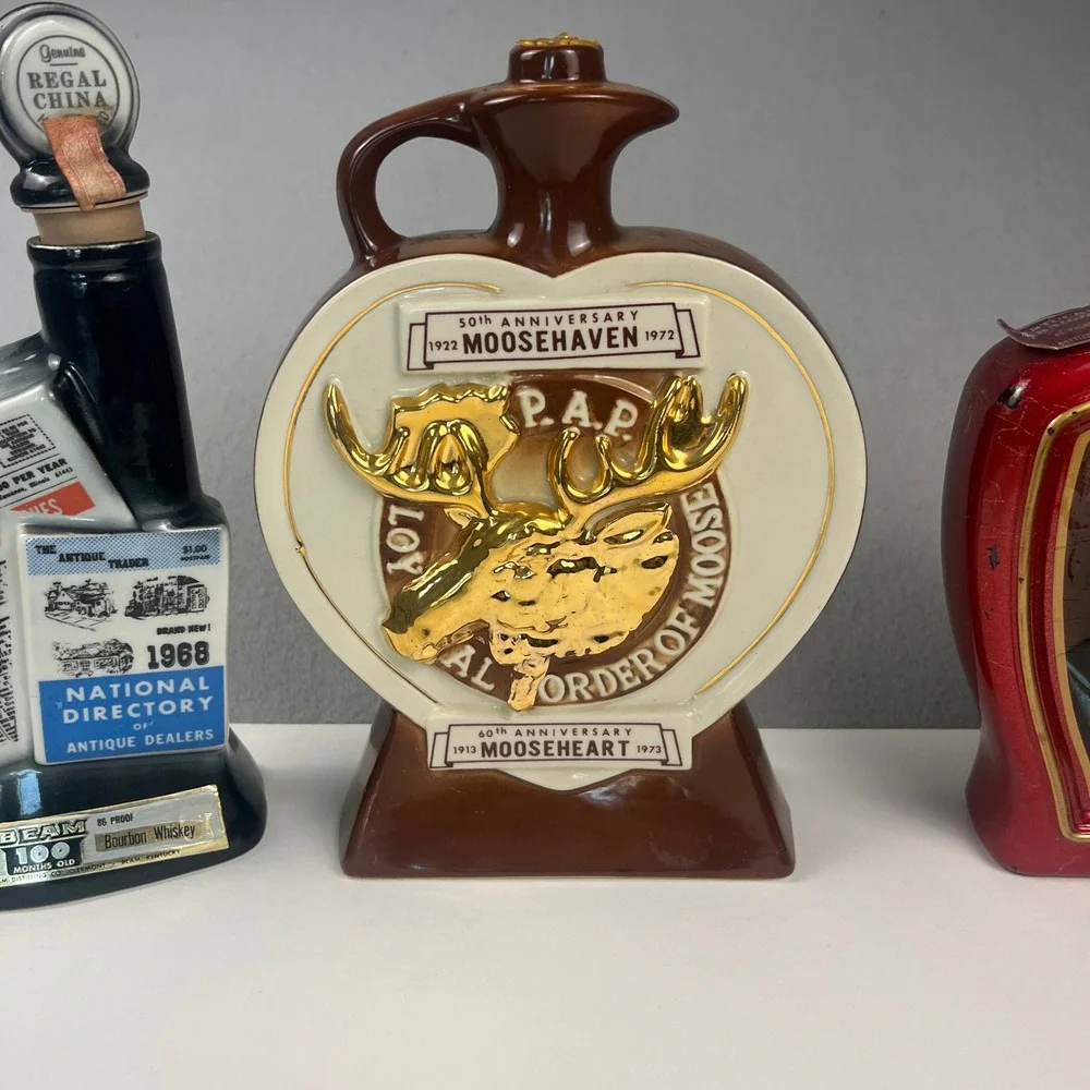 VTG Jim Beam Decanter Lot 3 Ceramic Moose Antique Trader Mozart Barware Kitsch